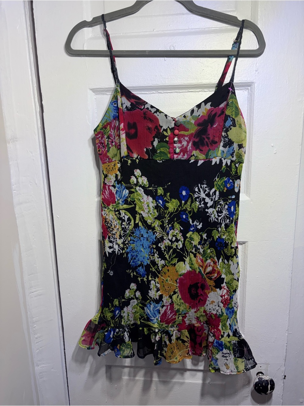 Electric Avenue M Floral Spaghetti Strap Mini Dress Ruffled Hem Pleated Body